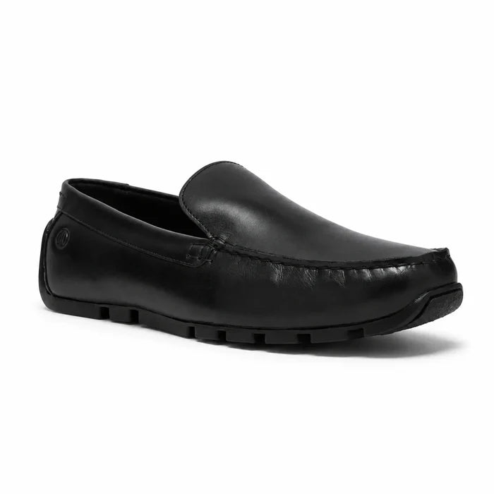 Black leather men's loafer with slip-on design and rubber tread sole