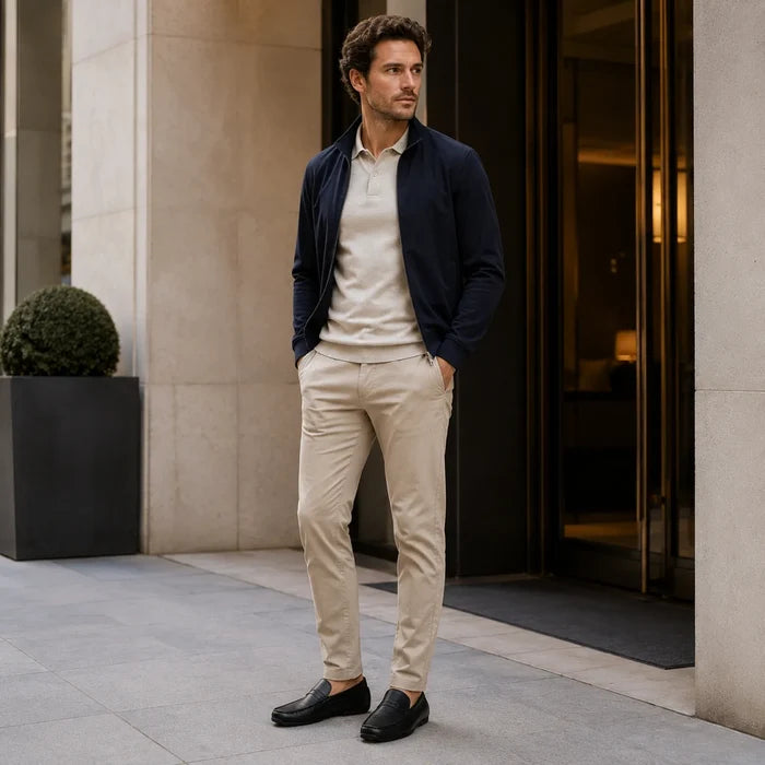 Men's black leather loafers with light trousers