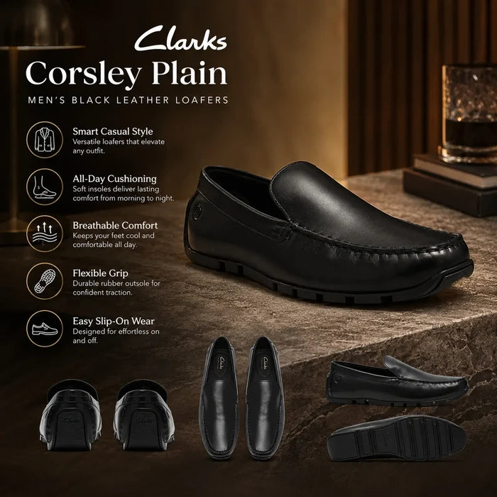 Black leather men's slip-on loafer with cushioned, grippy tread sole