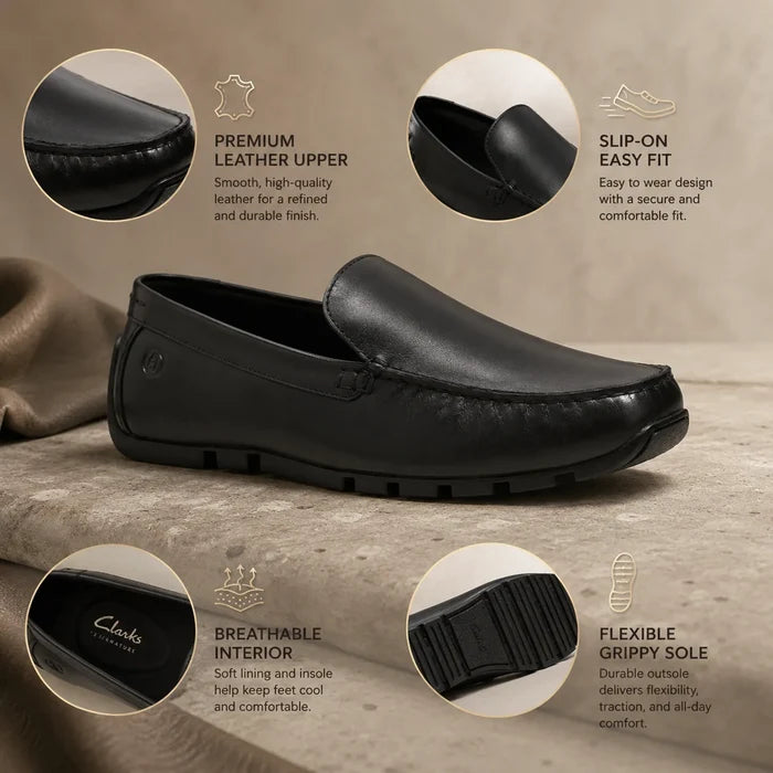 Black leather men's loafer with low profile tread sole, side view