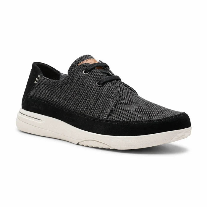 Men's black lace-up sneakers with textured mesh upper and padded collar, white sole