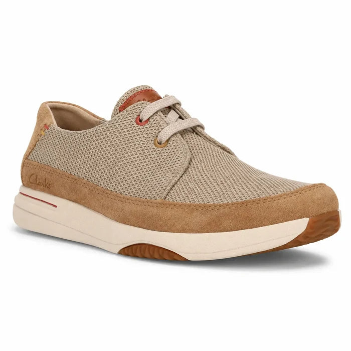 Beige knit lace-up men's sneakers with tan suede panels and white cushioned sole