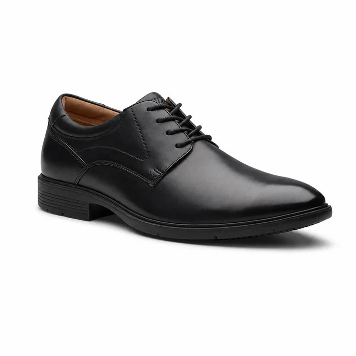 Black leather lace-up business shoes with plain toe and low block heel