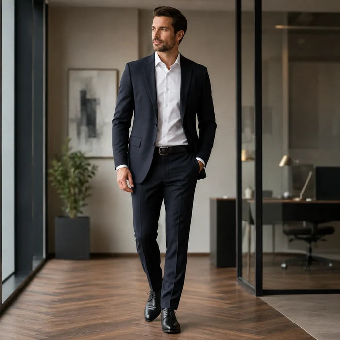 Black leather lace-up business shoes worn with dark suit trousers