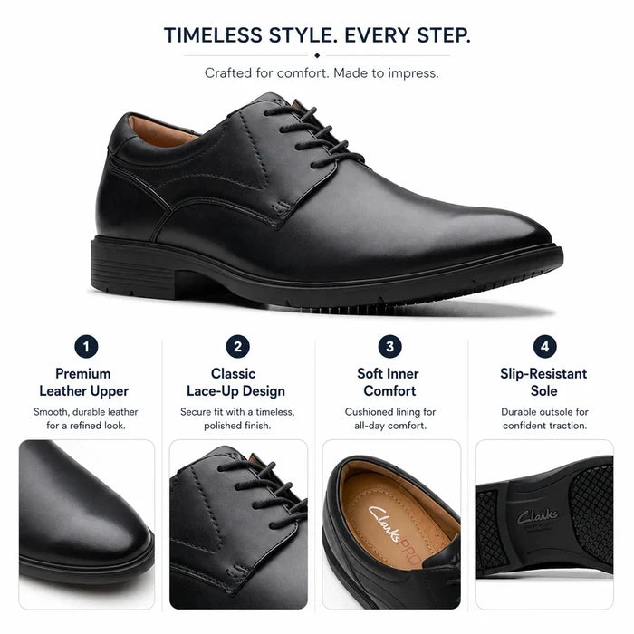 Black leather lace-up business shoes, front 3/4 view