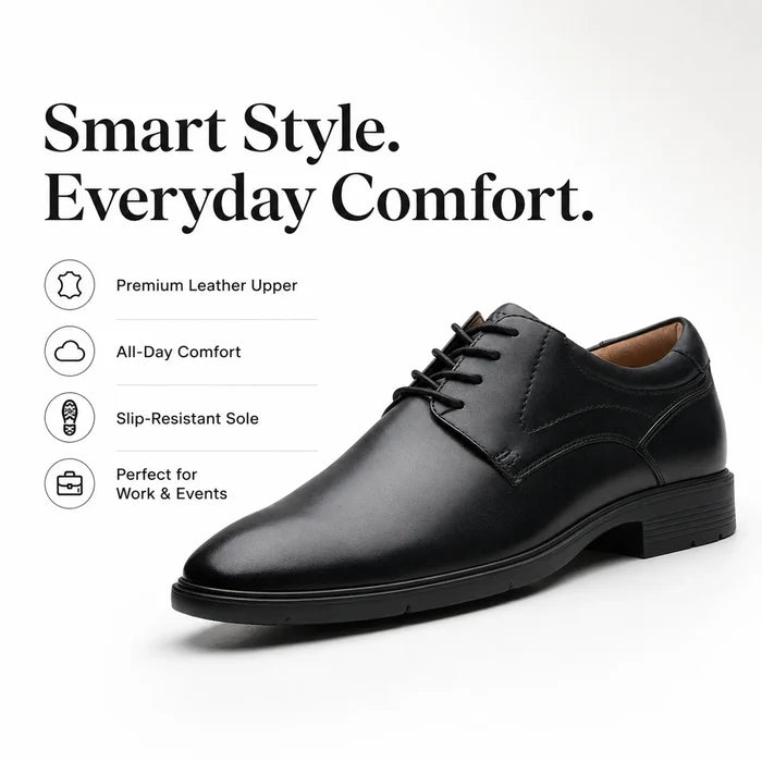 Black leather lace-up dress shoe with thick sole, side angle
