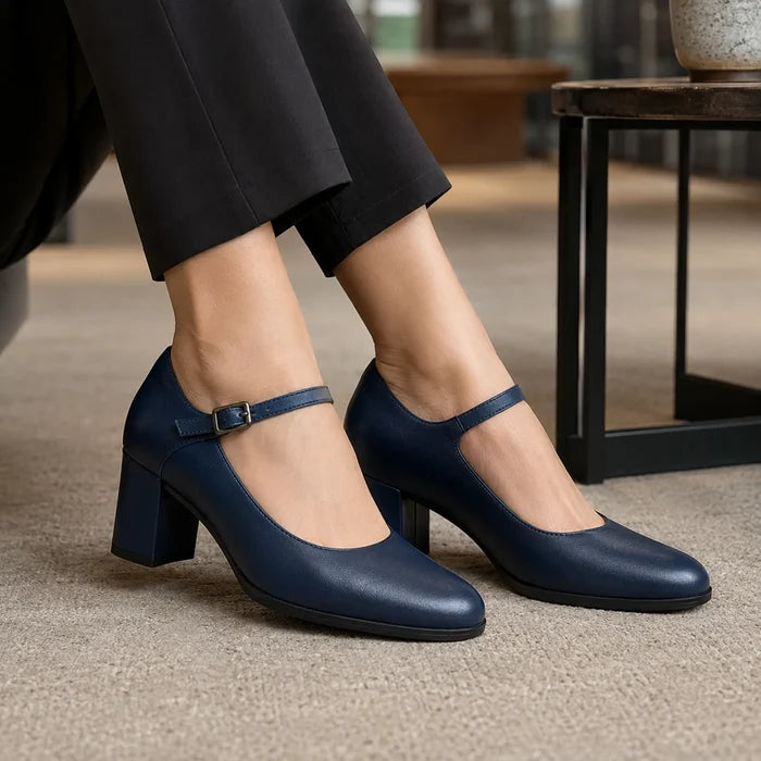 Dark blue leather Mary Jane heeled sandals with buckle strap and block heel