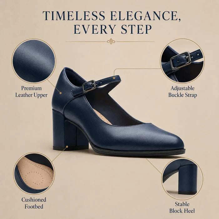 Dark blue leather heeled sandal with adjustable buckle strap and cushioned footbed