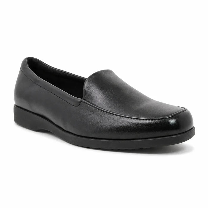 Black leather slip-on loafer with cushioned collar and low flat sole.