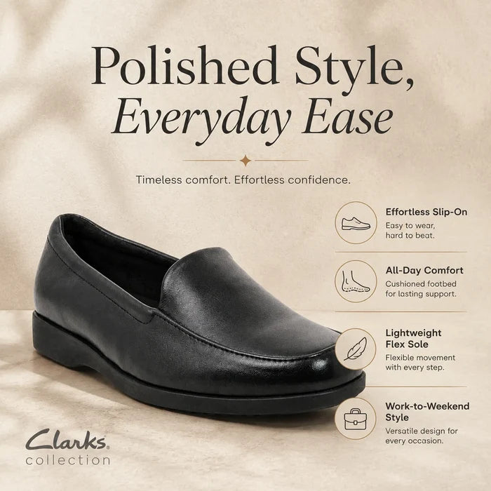Women's black leather slip-on loafer flats with low-profile sole