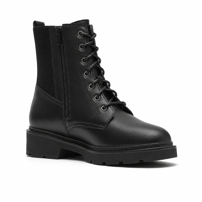 Black leather lace-up ankle boots with side zipper and chunky rubber sole