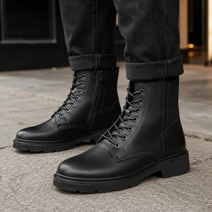 Black lace-up ankle boots with padded shaft and durable rubber outsole