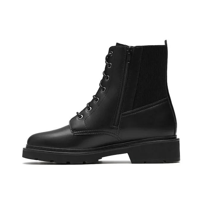Black leather ankle boots with elastic side panels and lace-up front