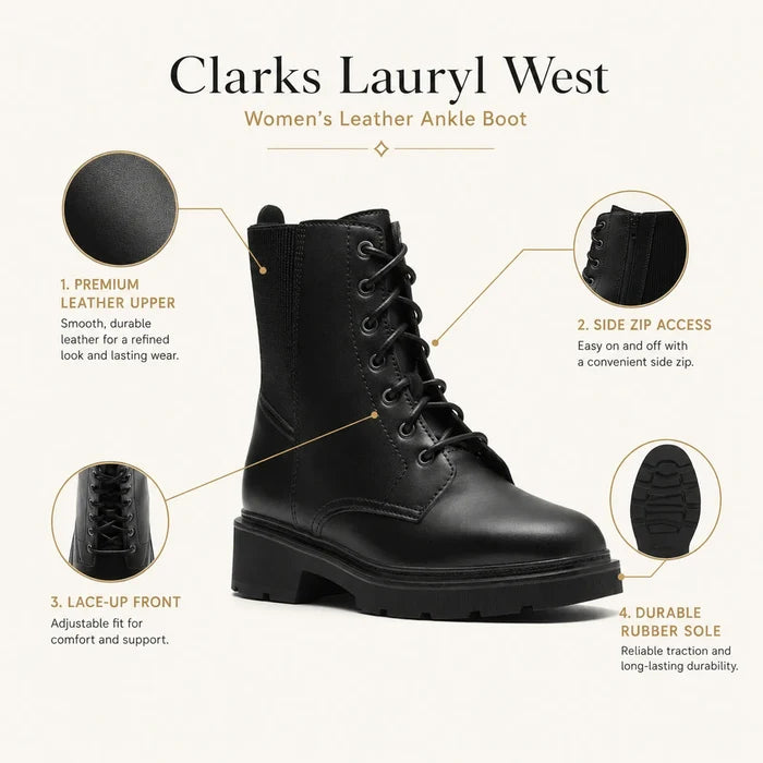 Black leather lace-up ankle boot with side zipper, padded collar, and rubber sole