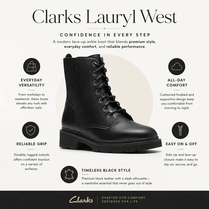 Black leather lace-up ankle boots, chunky sole, side zipper closure
