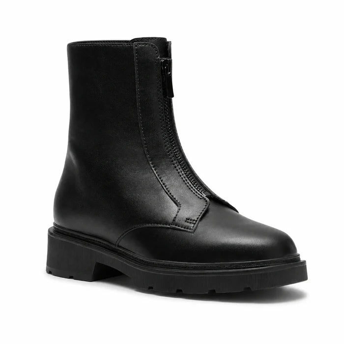 Black leather ankle boot with side zip and chunky lug sole