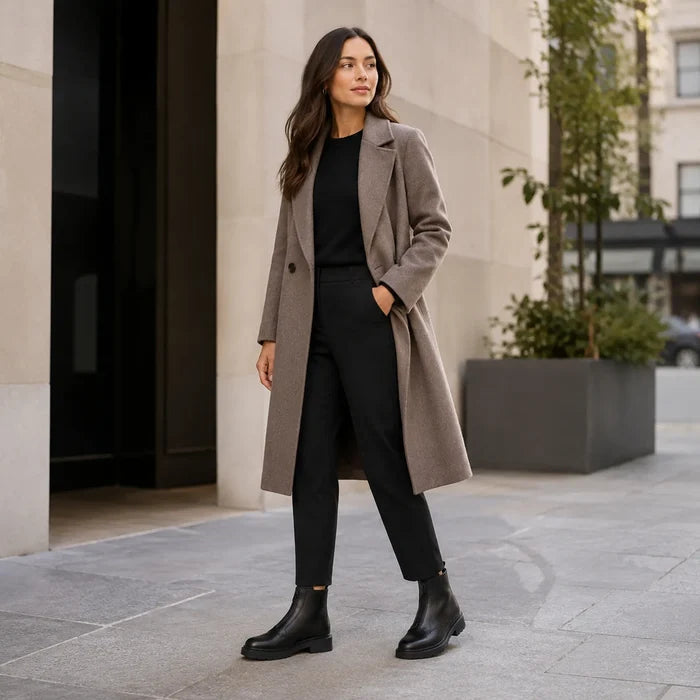 Black side-zip ankle boots on a model, with a thick rugged sole