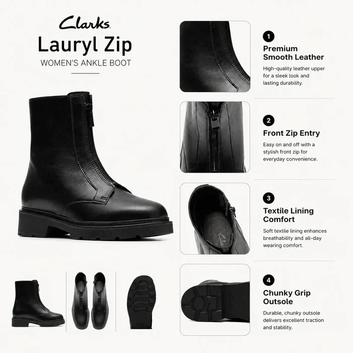 Black women’s ankle boot product view with side zip and chunky outsole