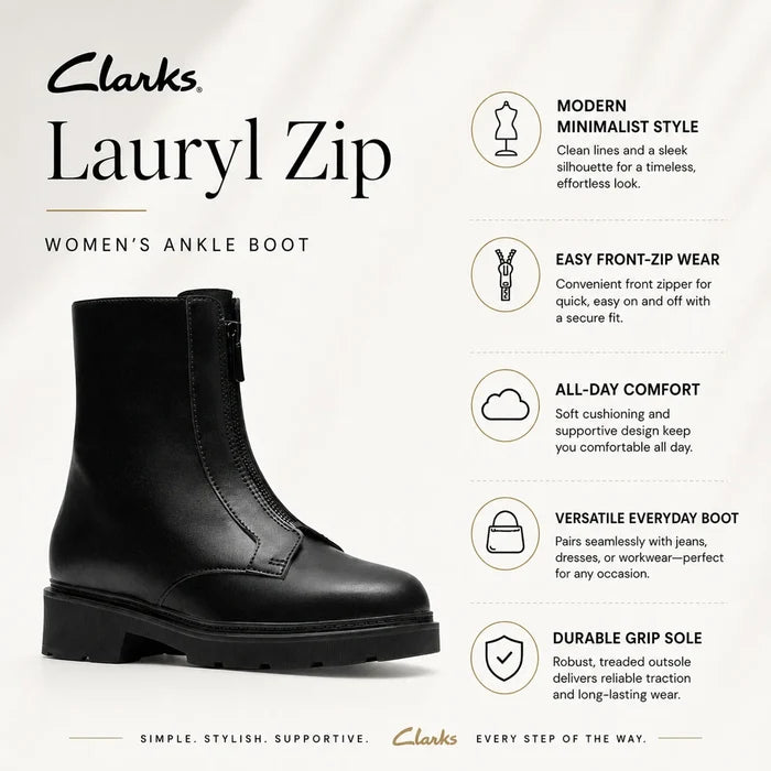 Black women’s ankle boot featuring a side zip and lug sole