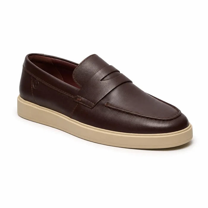 Men's brown leather slip-on loafer with strap, stitched vamp, and light beige sole