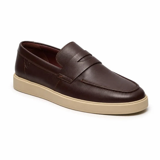Men's brown leather slip-on loafer with strap, stitched vamp, and light beige sole