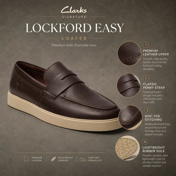 Men's brown leather loafer with strap detail, smooth vamp, and light beige rubber outsole
