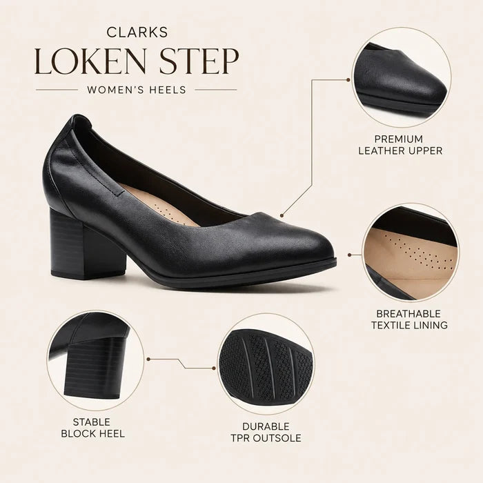 Infographic for black women's Loken Step block-heel leather shoes