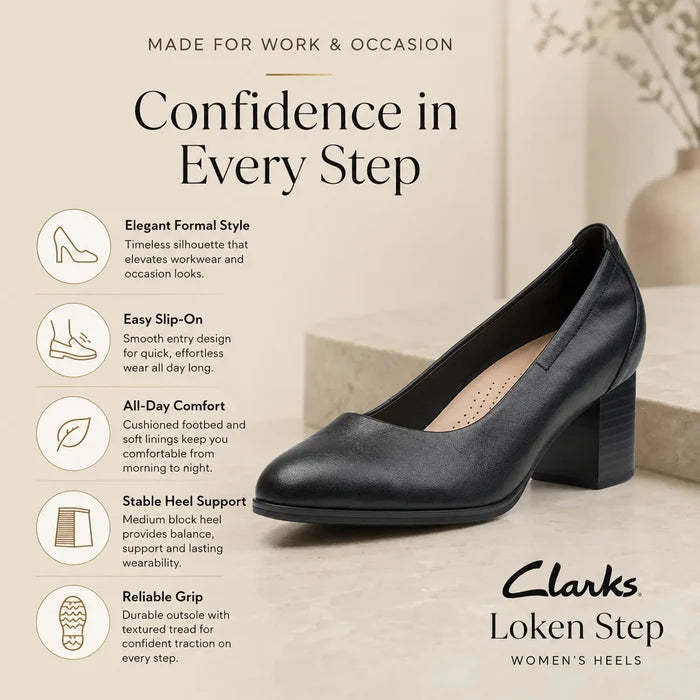 Women’s black leather formal block-heel shoes with curved toe and side profile