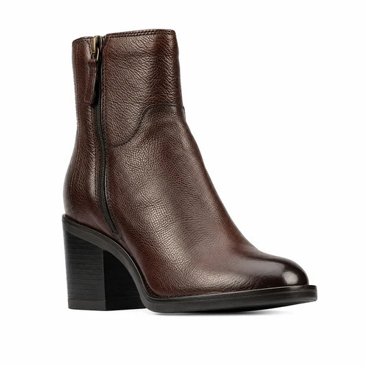 Women's dark brown leather ankle boot with side zip and block heel