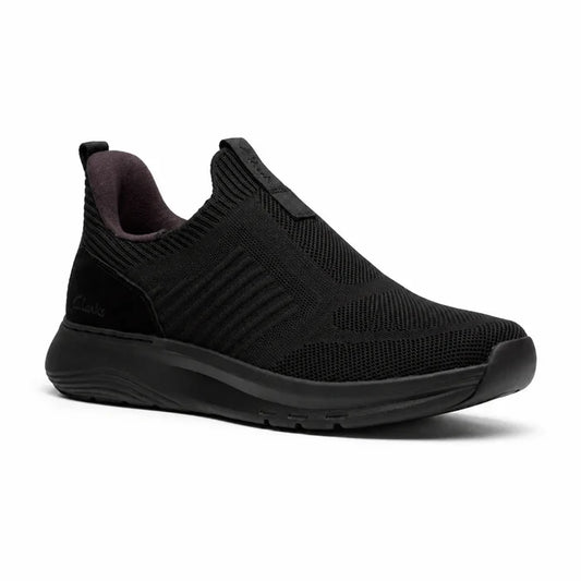 Men's black knit slip-on sneaker with elastic collar and cushioned platform sole