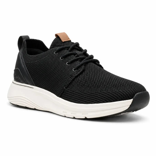 Men's black knit lace-up sneakers with cushioned white sole and tan heel tab