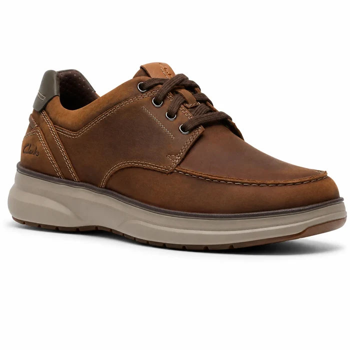 Men's brown leather lace-up moc-toe sneakers with padded collar and rubber sole