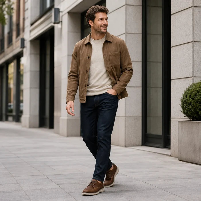 Men's brown leather lace-up sneakers worn with casual outfit and dark jeans