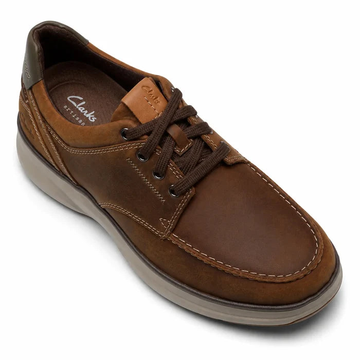 Brown leather lace-up moc-toe sneaker with cushioned sole and logo heel tab