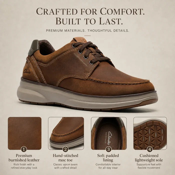 Brown leather moc-toe lace-up sneakers with contrast stitching and cushioned outsole