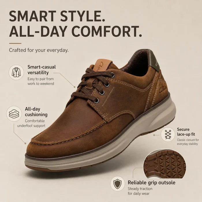 Brown leather lace-up moc-toe walking sneaker with padded collar and rubber outsole