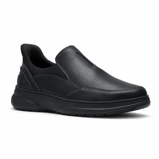 Men's black leather slip-on business shoe with cushioned sole