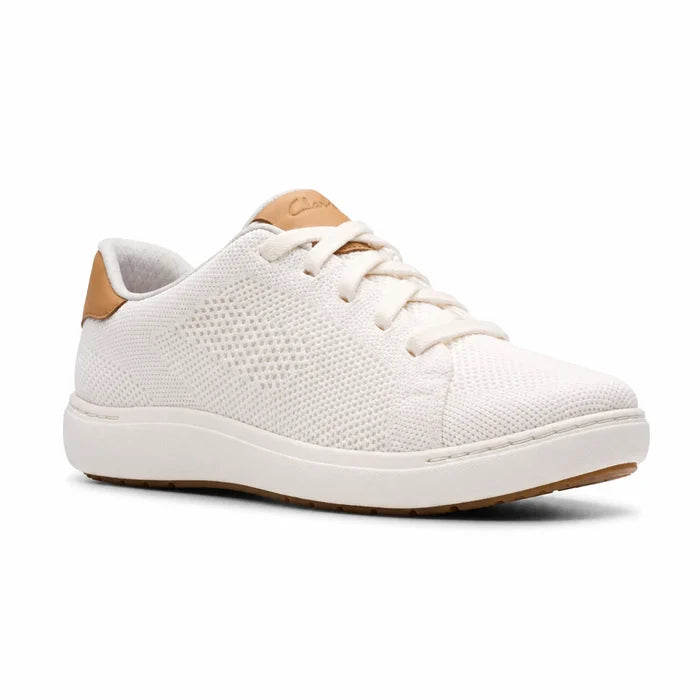 Women's white knit lace-up walking sneaker with brown heel tab and textured upper