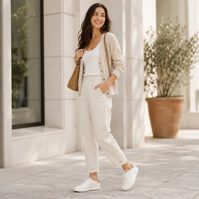 Women's white knit walking sneakers worn with light pants, lace-up design