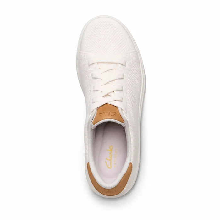 Women's white knit lace-up walking sneaker, low profile sole and cushioned collar