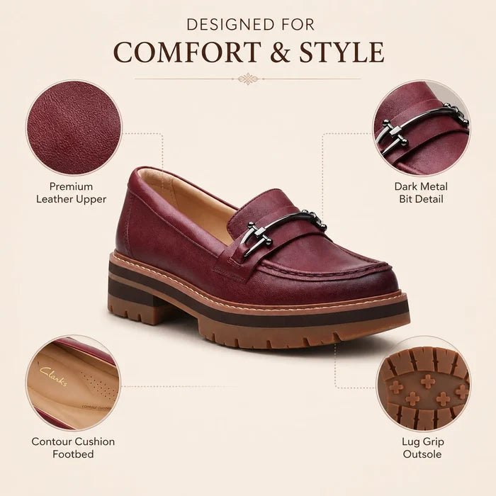 Oxblood leather bit loafers with dark metal hardware and lug grip outsole