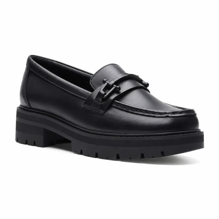 Women’s black leather bit loafers with metal bit bar and chunky lug sole