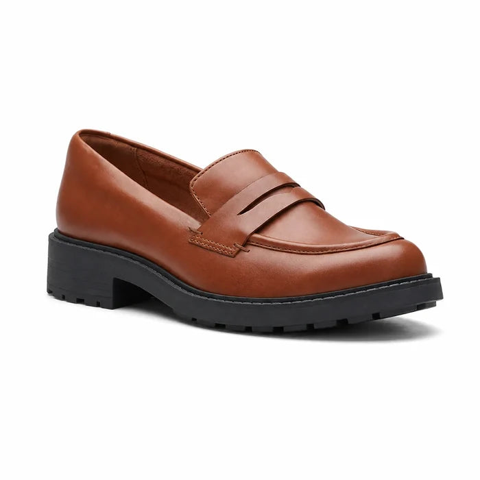 Brown leather women's penny loafers with classic strap and chunky rubber sole