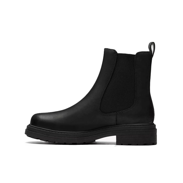 Black leather Chelsea ankle boots with elastic side gussets and pull tab