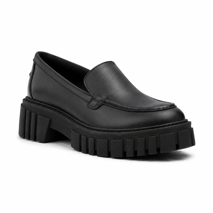 Black leather loafer with smooth slip-on vamp and chunky lug platform sole