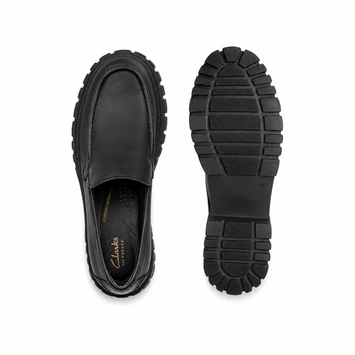 Black leather loafers, outsole tread and side profile view