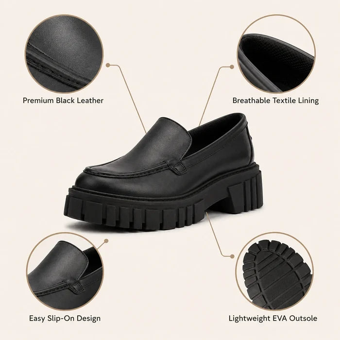 Black leather slip-on loafers with chunky lug sole and lightweight EVA outsole