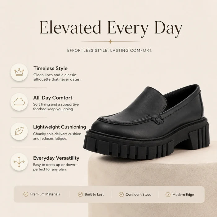 Clarks Page women’s leather loafers, black slip-on with chunky low heel