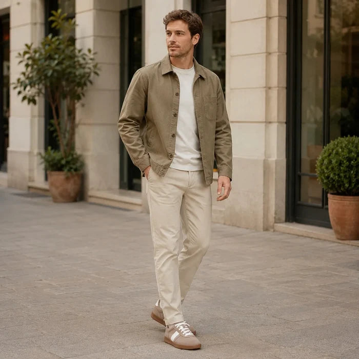 Light brown suede sneakers with white laces and gum rubber sole on model