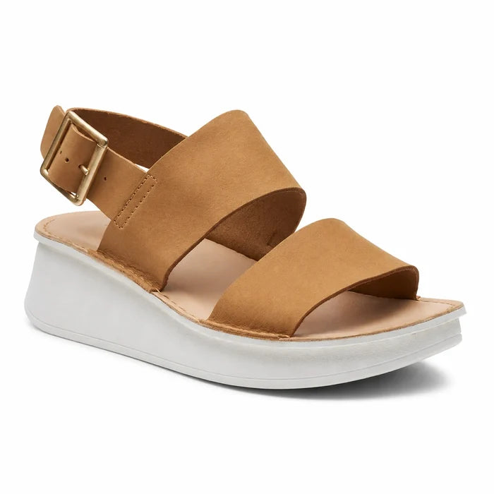 Light tan nubuck women's sandals with adjustable buckle strap and cushioned platform
